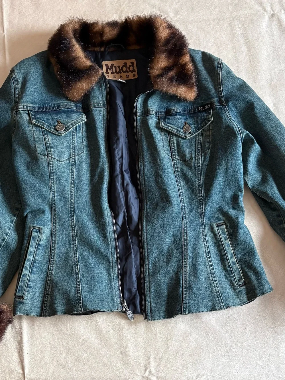 Mudd Teal Denim Jacket with Brown Faux Fur Collar - Girls Size Large